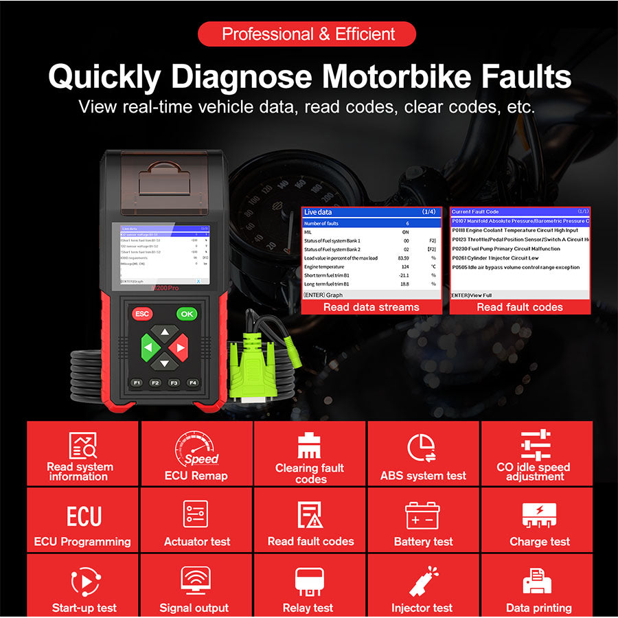 JDiag M200 Pro Diagnostic Scanner with Honda ECU Remap Universal Motorcycle Scanner Battery Tester ABS System Test Fault Codes